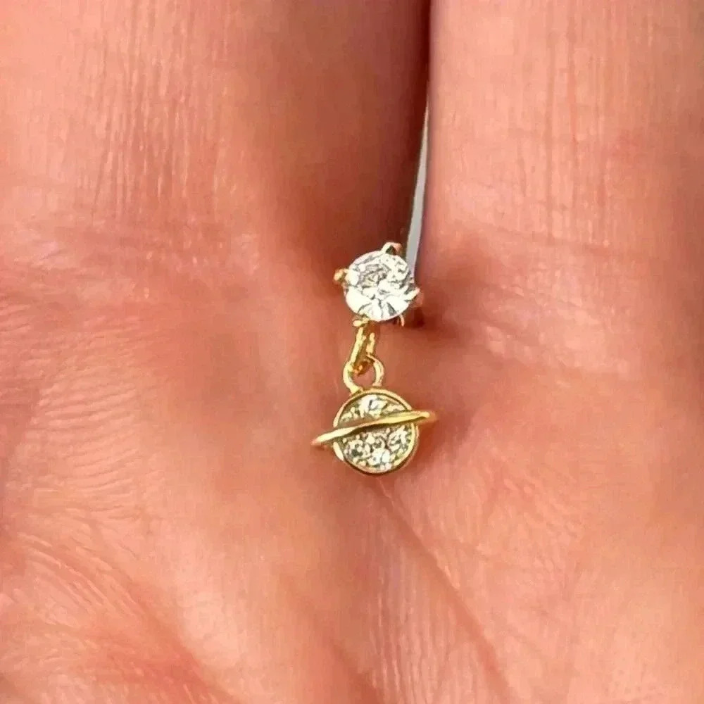 Gold Crystal Saturn Dangle Cartilage Earring - Picture 3 of 5